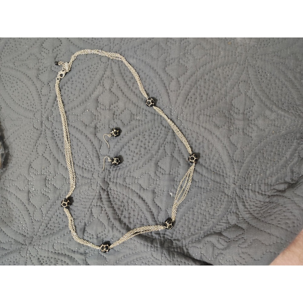 Silver Tone Multi Strand Necklace and Earring Set Black White Patterned Beads